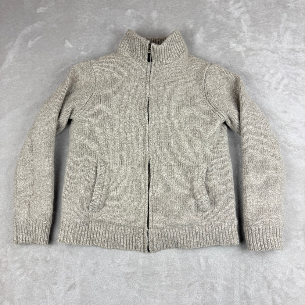 L.L. Bean Lambswool Sweater Men M (Fit S) Oatmeal Beige Flannel Lined Full Zip